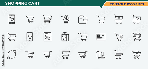 Set of Shopping Cart line icon. Includes thin line symbols sell, cart, purchase, sale, commerce, e-commerce and more. Cart icon set. Trendy minimal icons. Editable stroke vector art.