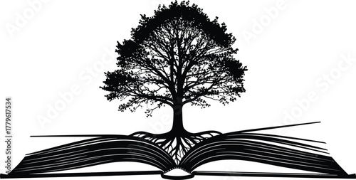 Silhouette of a tree growing from an open book, isolated on white background symbolizes knowledge, growth, and the power of education