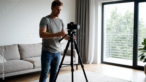 Man Setting Up Camera on Tripod in Modern Living Room.