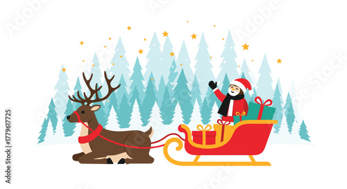Joyful Santa waves from sleigh pulled by reindeer through snowy forest delivering gifts under twinkling stars