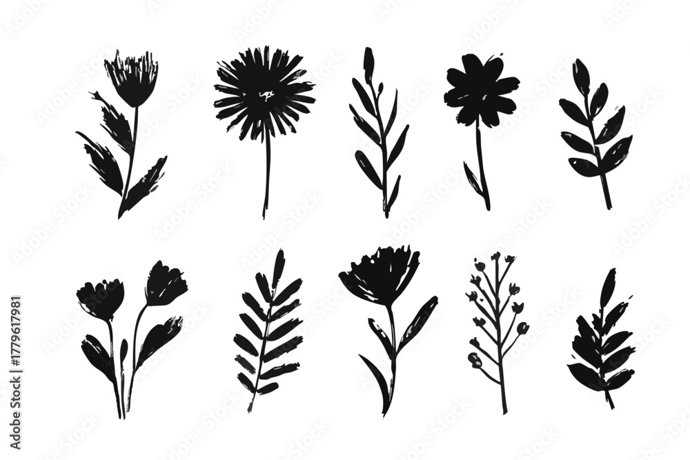 Fototapeta premium Hand Drawn Flower Brush Vector Set - Doodle Floral Leaf & Abstract Botanical Silhouettes