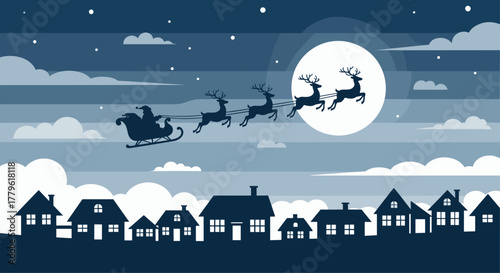 Magical Santa sleigh with reindeer flies over silhouette town under full moon, winter night sky magic