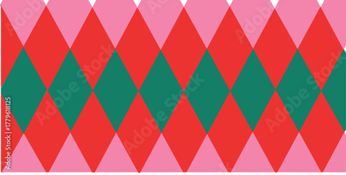 geometric harlequin diamond pattern in red pink and green repeating argyle design