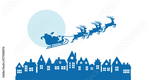 Santa Claus sleighing through the night sky over a charming blue village with a full moon