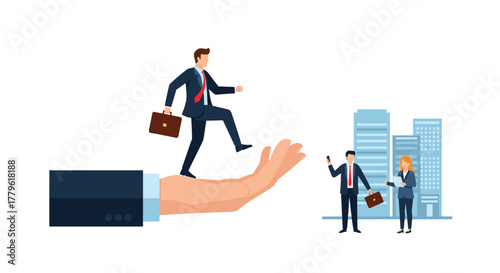 Confident businessman strides forward on supportive hand towards modern city, symbolizing career growth and success