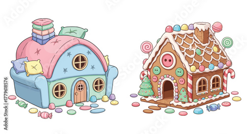 Whimsical gingerbread house and plush toy couch house adorned with colorful candies and festive decorations