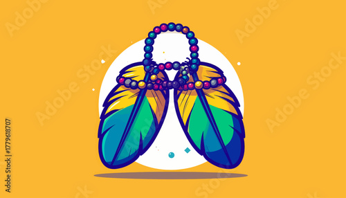 Colorful Feather Pendant Bohemian Jewelry Illustration on Yellow Background