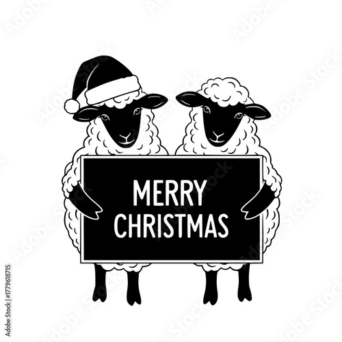 Two adorable sheep, one sporting a festive Santa hat, joyfully hold a sign that conveys warm seasonal greetings. vector illustration