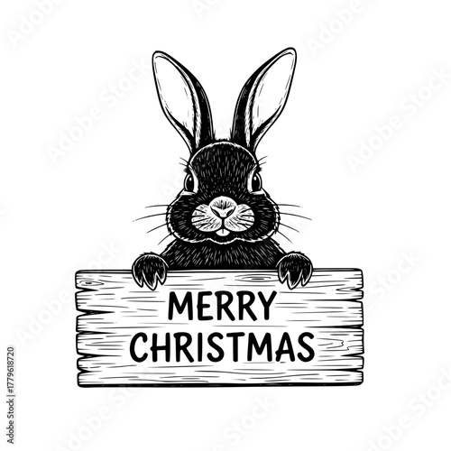 A whimsical illustration features a charming rabbit holding a wooden sign that announces MERRY CHRISTMAS, creating a perfect blend of holiday cheer and adorable design. vector illustration