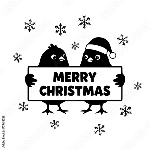 Two adorable cartoon birds, adorned with festive cheer, joyfully announce Merry Christmas amidst a flurry of snowflakes, perfect for spreading holiday warmth. vector illustration