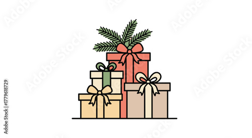 Festive stacked gift boxes with pine sprigs and bows create holiday cheer for celebration and gifting occasions