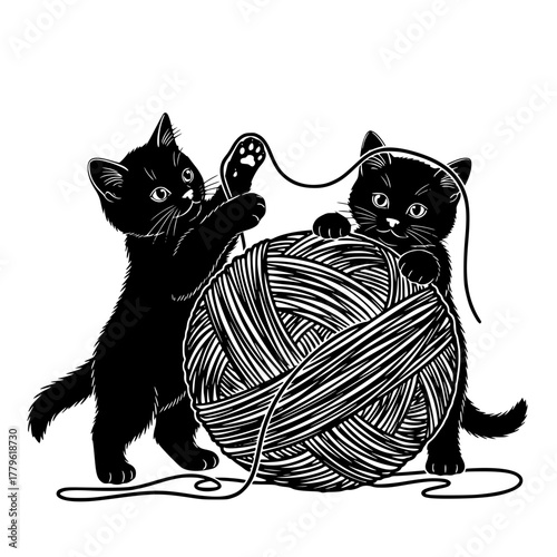 Two adorable kittens joyfully engaged in playful exploration with a large ball of yarn. This heartwarming scene captures the essence of feline curiosity and innocent fun. vector illustration