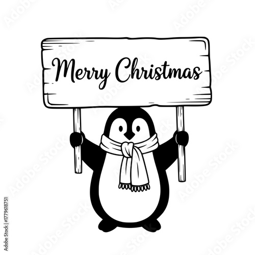 A cheerful penguin, bundled in a scarf, holds aloft a wooden sign proclaiming Merry Christmas, embodying the spirit of the holiday season with festive cheer and warmth. vector illustration