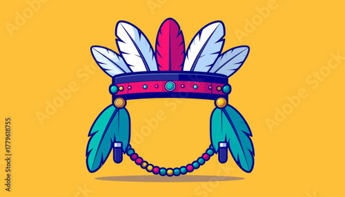 Colorful Illustration of an American Indian Headdress on Yellow Background