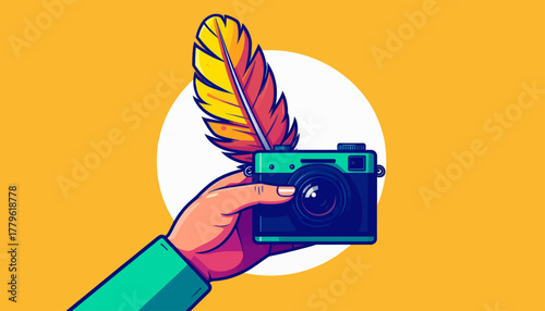 Creative Hand Holding Camera with Feather Illustration Concept of Photography and Writing