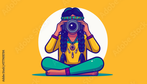 Bohemian Photographer with Camera Colorful Illustration
