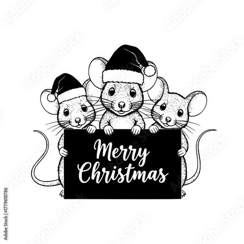 Three adorable mice, donned in miniature Santa hats, gleefully hold up a festive sign that spells out Merry Christmas. The charming illustration radiates holiday cheer and warmth. vector illustration