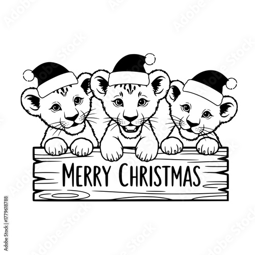 Three adorable lion cubs adorned with festive hats joyfully announce Merry Christmas, embodying the warmth and cheer of the holiday season. vector illustration