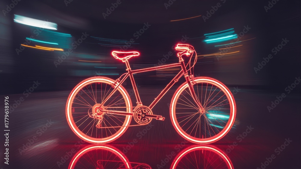 Fototapeta premium Neon illuminated bicycle glowing with vibrant red light in motion blur