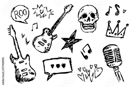 Punk Rock Doodle Icon Set - Hand Drawn Guitar, Microphone, Skull & Graffiti Elements Vector