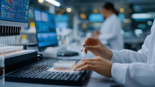A technician runs a telomere assay in a high-throughput lab, with robotic pipettors dispensing, multi-well plates filling, screens showing results, and technicians monitoring, depicted in a