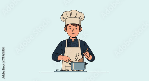 Happy chef skillfully prepares delicious meal in modern kitchen stovetop cooking with steam rising from pot