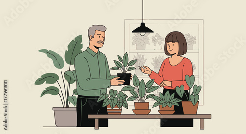 Enthusiastic couple happily discussing houseplants while shopping at a vibrant plant nursery