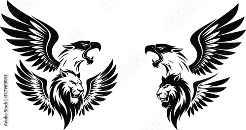 Eagle lion hybrid mythical creature, heraldic fantasy symbol vector, symmetrical griffin style design, bold emblem artwork, cad drawing flat vector illustration