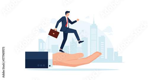 Confident businessman steps forward supported by helping hand against city skyline backdrop symbolizing career growth