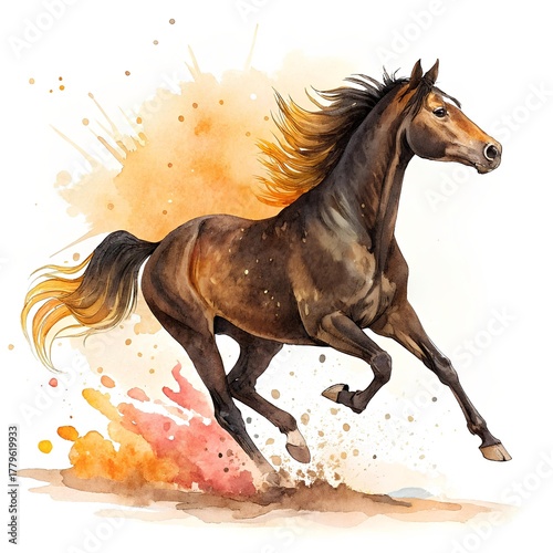 Watercolor of a galloping bay horse with golden light on its coat, mane flowing, surrounded by amber and scarlet splashes. Energetic and bold, evoking warmth and freedom