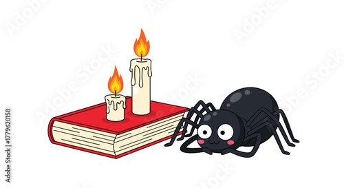Cute cartoon spider resting beside a red book with flickering candles, perfect for Halloween