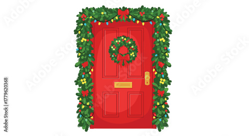 Festive red front door adorned with vibrant Christmas garland and twinkling lights welcomes guests with holiday cheer