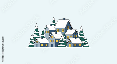 Cozy snow-covered village nestled among evergreen trees creating a charming winter wonderland scene