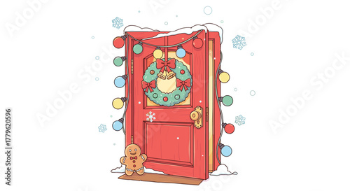 Whimsical red door decorated with festive Christmas wreath, colorful lights, and a gingerbread man on a snowy day