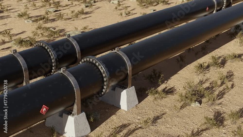 Modern oil and gas pipeline route through desert terrain. Useful for global energy trade, political, economic and industrial themed media. Part of infrastructure collection.