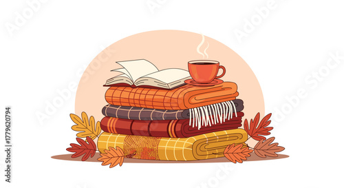 Cozy autumn scene with stacked blankets, open book, and steaming coffee cup surrounded by fall leaves