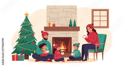 Cozy family enjoying Christmas Eve warmth by the fireplace with hot cocoa and decorated tree