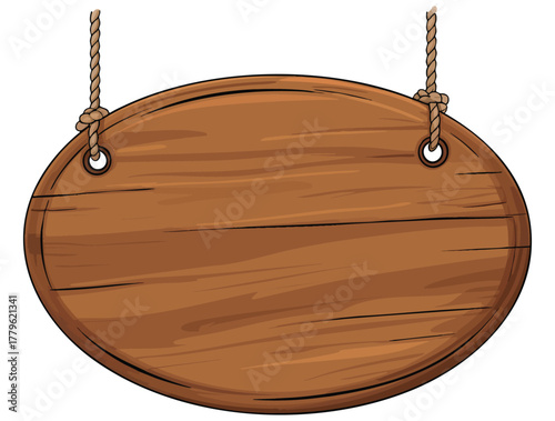 Wooden signboard with rustic look suspended by two ropes vector illustration ideal for outdoor decoration DIY project or nature inspired signage themed design