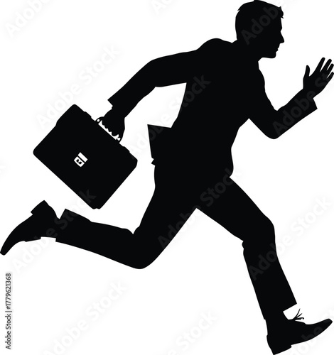 Silhouette of a businessman running with a briefcase, symbolizing urgency, ambition, and the pursuit of success isolated on white background