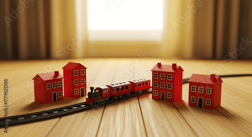 Miniature Railway Journey Through Homes: A miniature red train gracefully journeys past a row of charming miniature red houses, painted on a smooth, warm-toned surface.