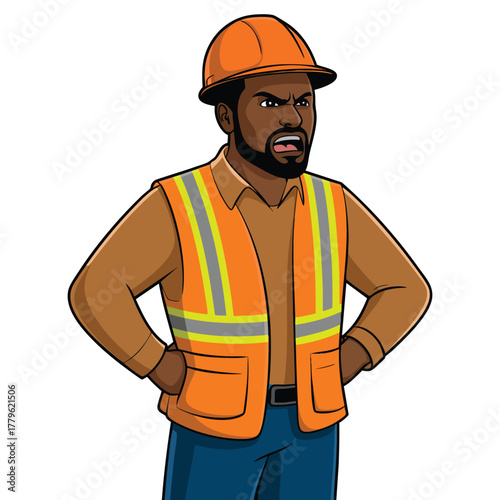 Young African angry builder screaming vector flat design illustration isolated on white background clenching fists shouting with hard hat perfect for construction or work theme