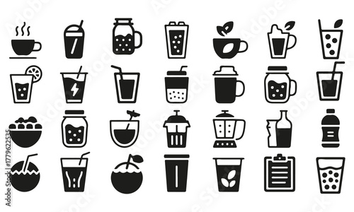 Beverages & smoothies glyph icon set bold silhouette drink pictograms in modern black sign style