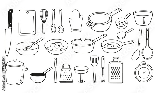 Kitchen utensils doodle icon set cute hand-drawn cookware tools in playful black & white sketch style