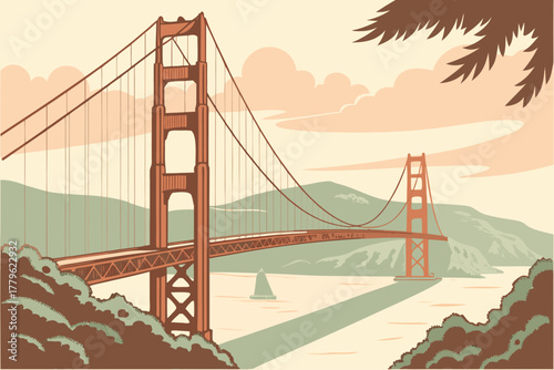 “Golden Gate Bridge in fog, San Francisco pastel palette, tranquil vector art”
