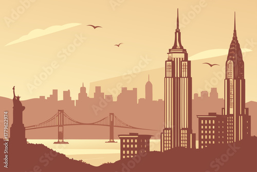“Minimalist New York City skyline at sunset, warm tones, modern vector”
