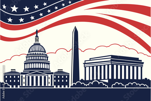 “Washington D.C. monuments in silhouette, patriotic palette, clean vector”

