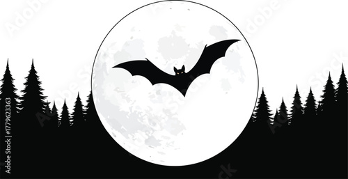 Eerie silhouette of a bat flying in front of a full moon, set against a backdrop of silhouetted trees, evoking a spooky halloween night