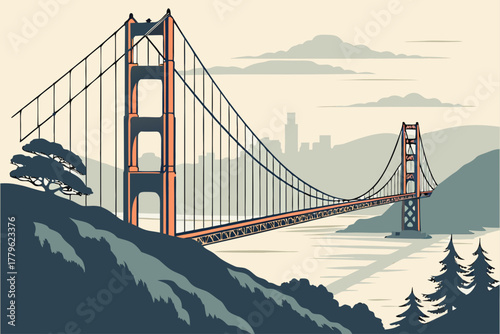 “Golden Gate Bridge in fog, San Francisco pastel palette, tranquil vector art”
