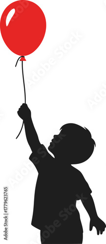 Silhouette of a child holding a red balloon, isolated on white background, symbolizing joy, freedom, and childhood dreams, with a touch of innocence
