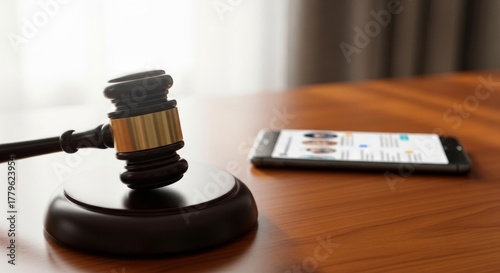 Justice in the digital age: gavel, smartphone and online law concept